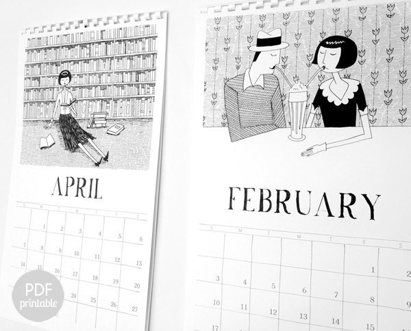2013 Wall Calendar // 1920s style flapper doodle calendar // art deco PDF Printable
