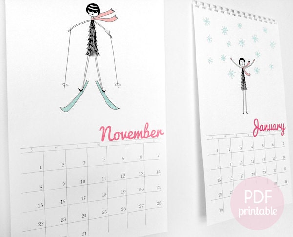 2013 Wall Calendar // flapper doodle colorful calendar // PDF Printable