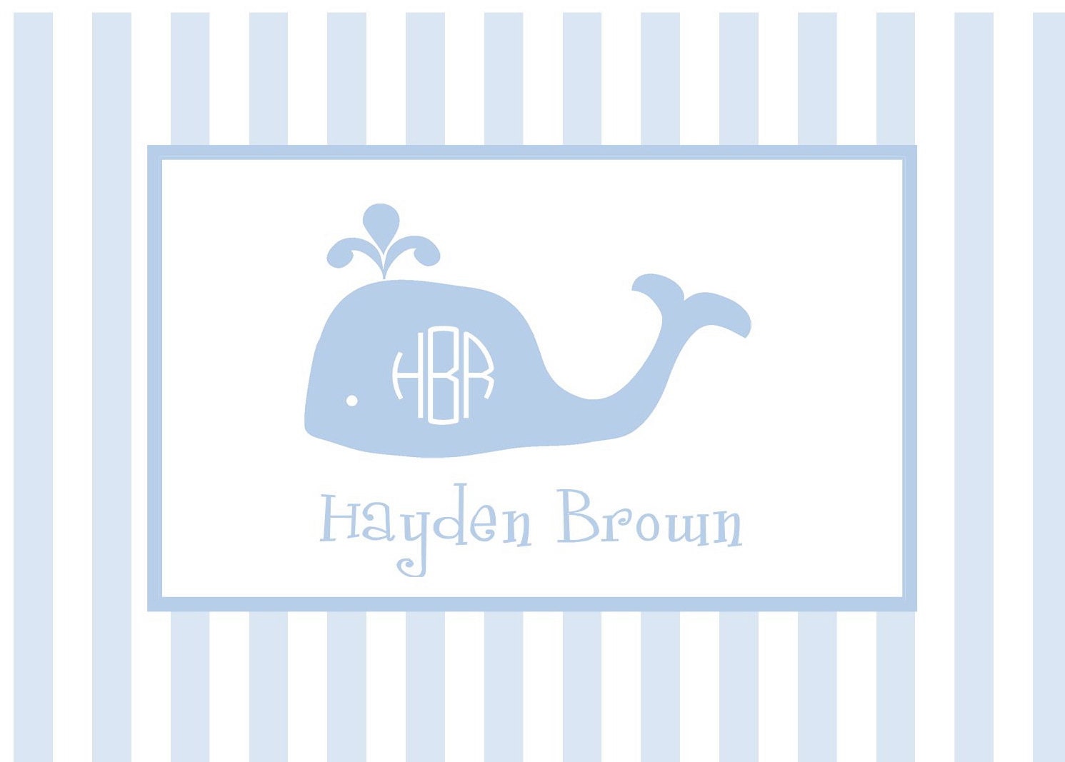 Monogrammed Whale Personalized Foldover Notecard Set - baby blue stripes