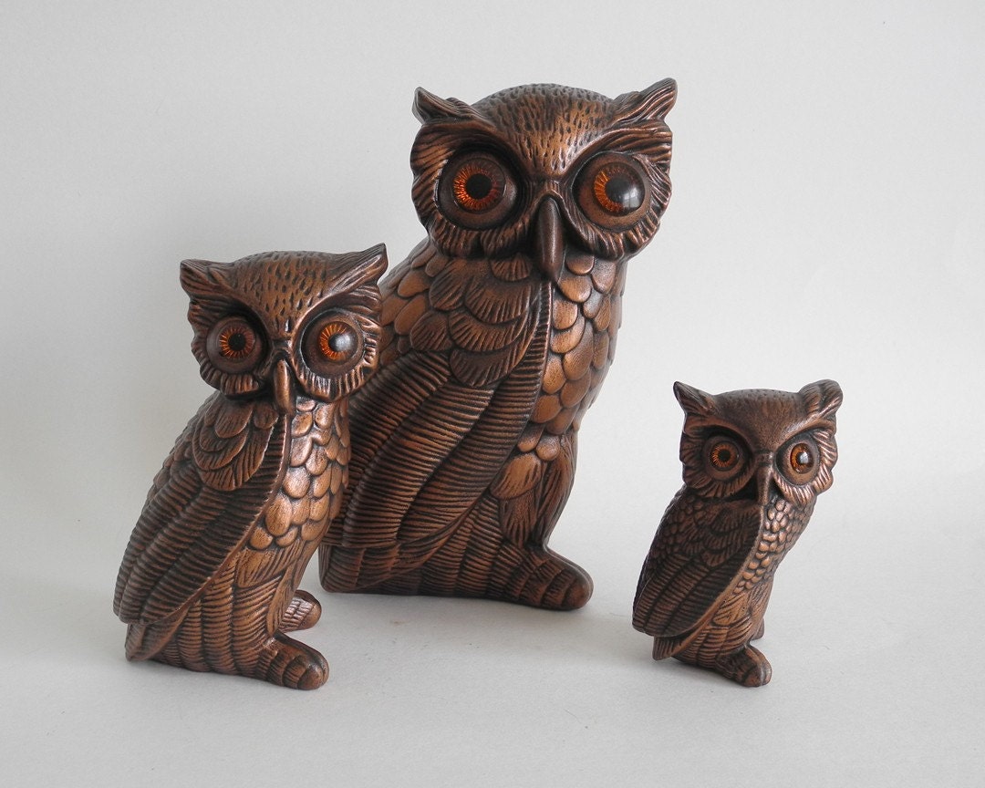Owl, Orange Eye Brass tone Ceramic, set of 3 birds