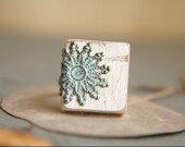 Cottage Chic Adjustable Scrabble Tile Ring in White and Patina - Midwinter
