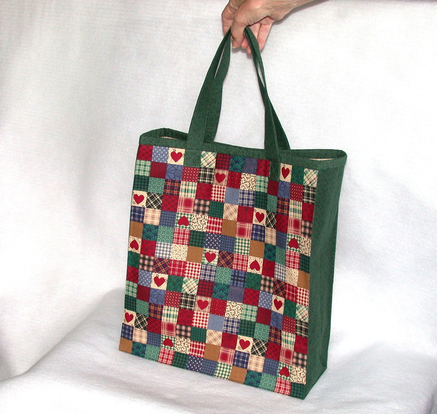 OOAK Handmade Shopping Tote Market Bag - Red and Green Cotton Print