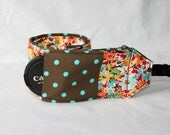 Ready to ship Monogramming not avaliable Wide Camera Strap for DSL camera red sweet floral brown and tuquoise reverse with lens cap pocket
