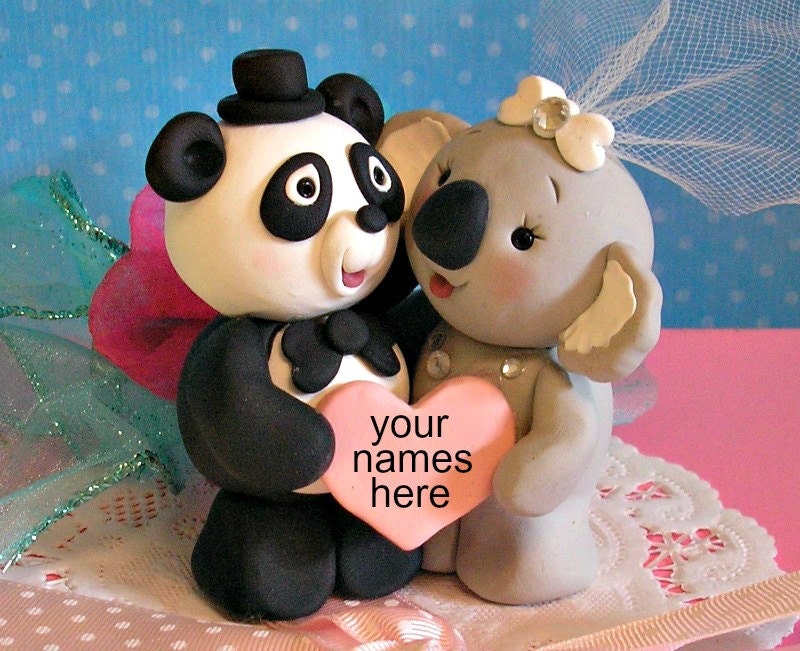 Panda Bear and Koala Bear Wedding Cake Topper Personalized with Heart Shaped Wooden Base