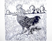 Dark Blue and White Rooster Woodblock original print, limited edition