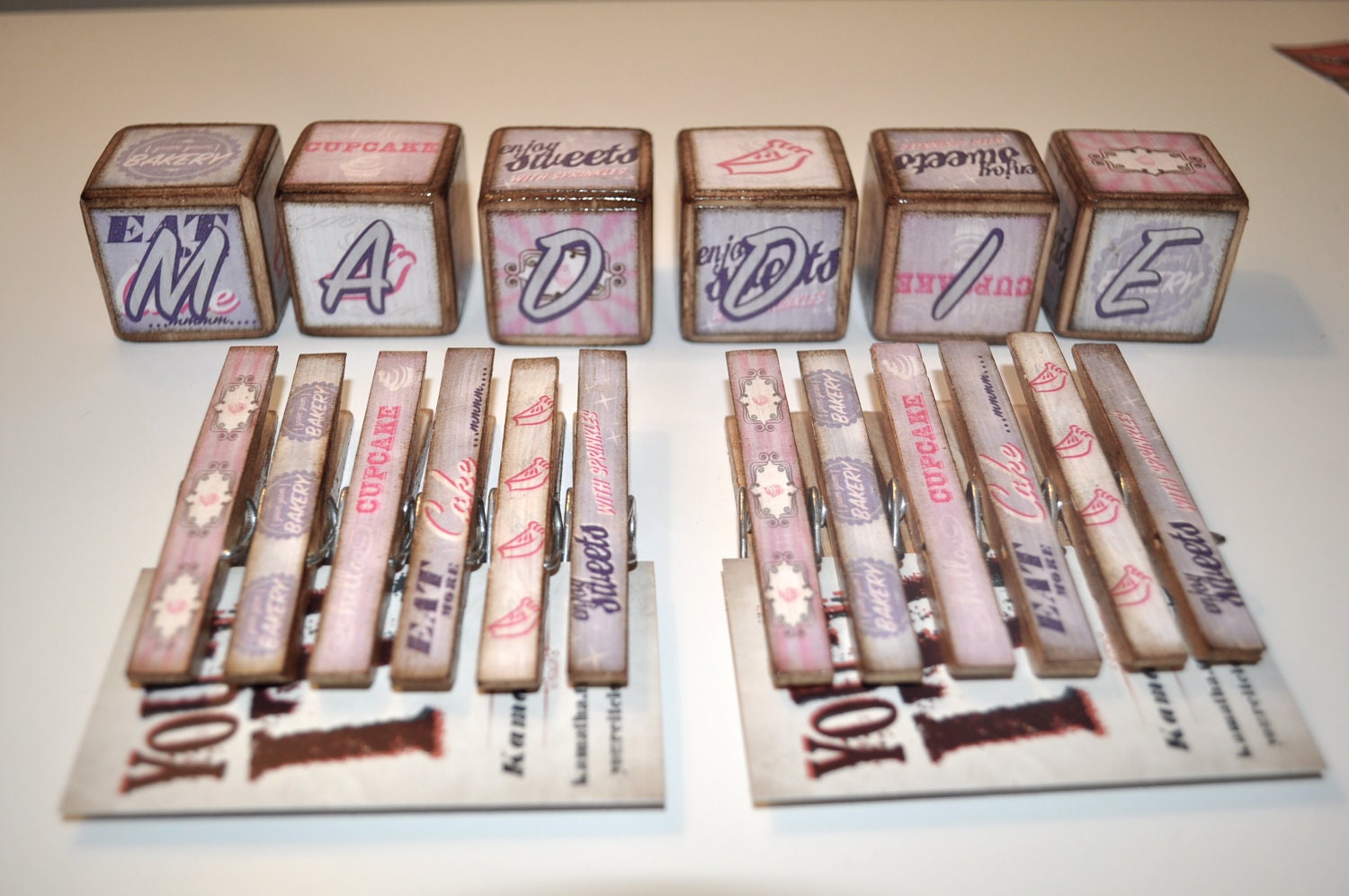 Personalized Cupcake Vintage Bakery Blocks - Stackable Baby Blocks Set of 6 and 12 Clothespin Clips You're It Kids