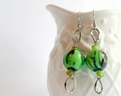 Green Marble Beaded Earrings, Paint Splattered Dangle Earrings Silver Chainlink Handmade Jewelry