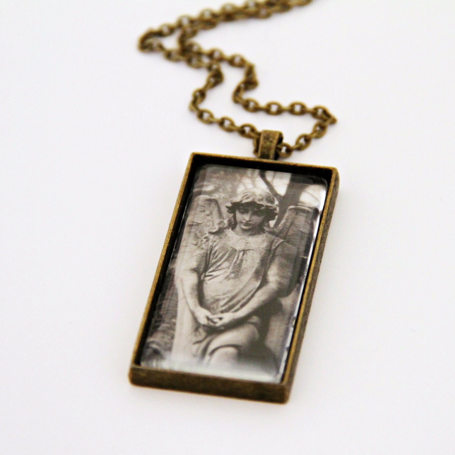 Angel - Fine Art Glass Tile Photo Pendant - necklace photography chain brass cemetery graveyard  halloween autumn fall