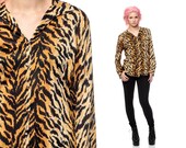 Tiger Print Shirt Blouse 70s Animal Print Silky Long Sleeve Button Up Top 1970s Collared Hipster Disco Orange Black Small Medium Large