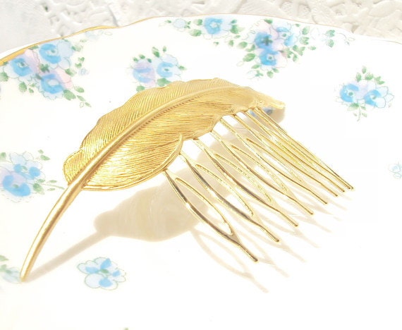 Large Golden Feather Hair Comb - Woodland Collection - Whimsical - Nature - Bridal
