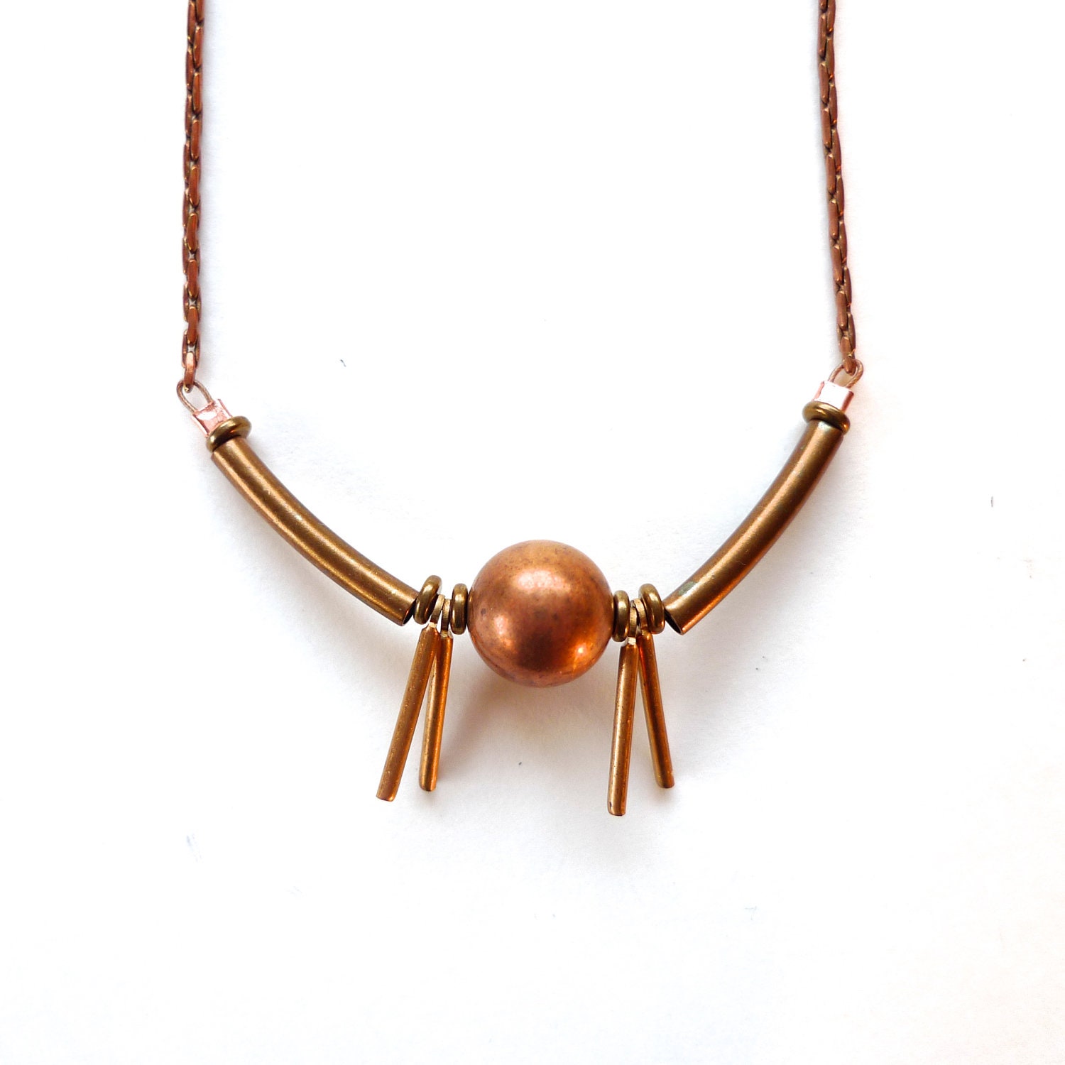 small copper spheres and brass spikes necklace