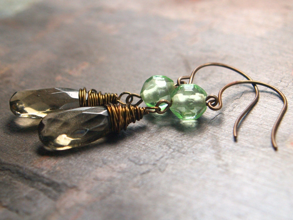 Smoke Brown Grey Glass Mint Green Crystal Dangle Earrings in Brass