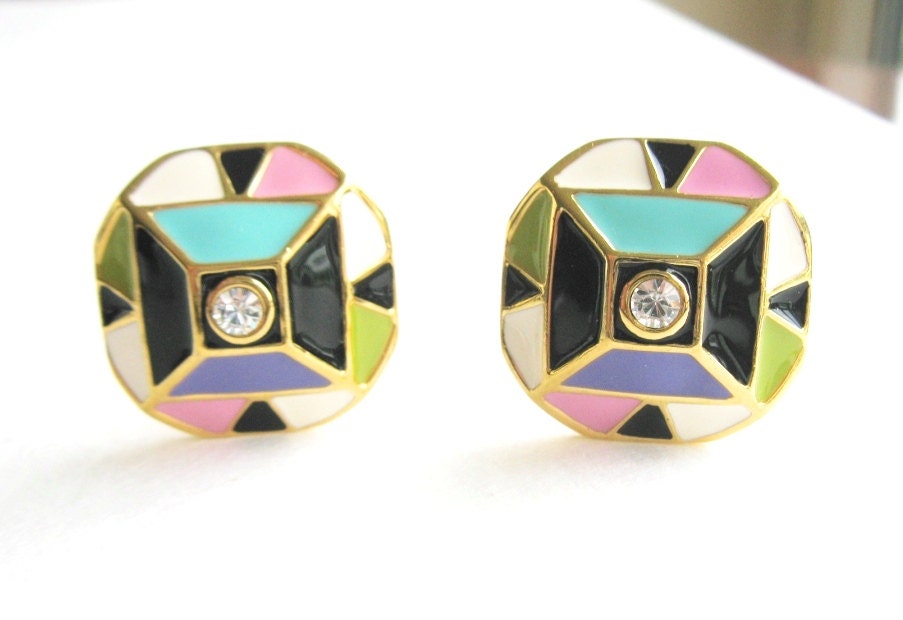 Bob Mackie colorblock Earrings geometrical Enamel with crystal