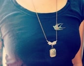 Extra Long Birds Nest Etching and Verdigris Art Deco Swallow Bird Brass Necklace