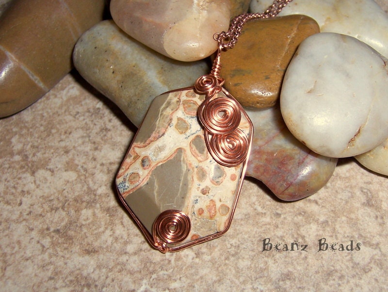 Sale- Soul Safari- Jasper Stone Pendant Necklace Copper Wire Wrapped with Spirals