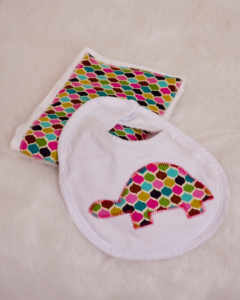 Baby Girl Gift // Ornamental Turtle Burp Cloth and Bib Set // Baby Shower Gift // Coordinating Turtle Onesie