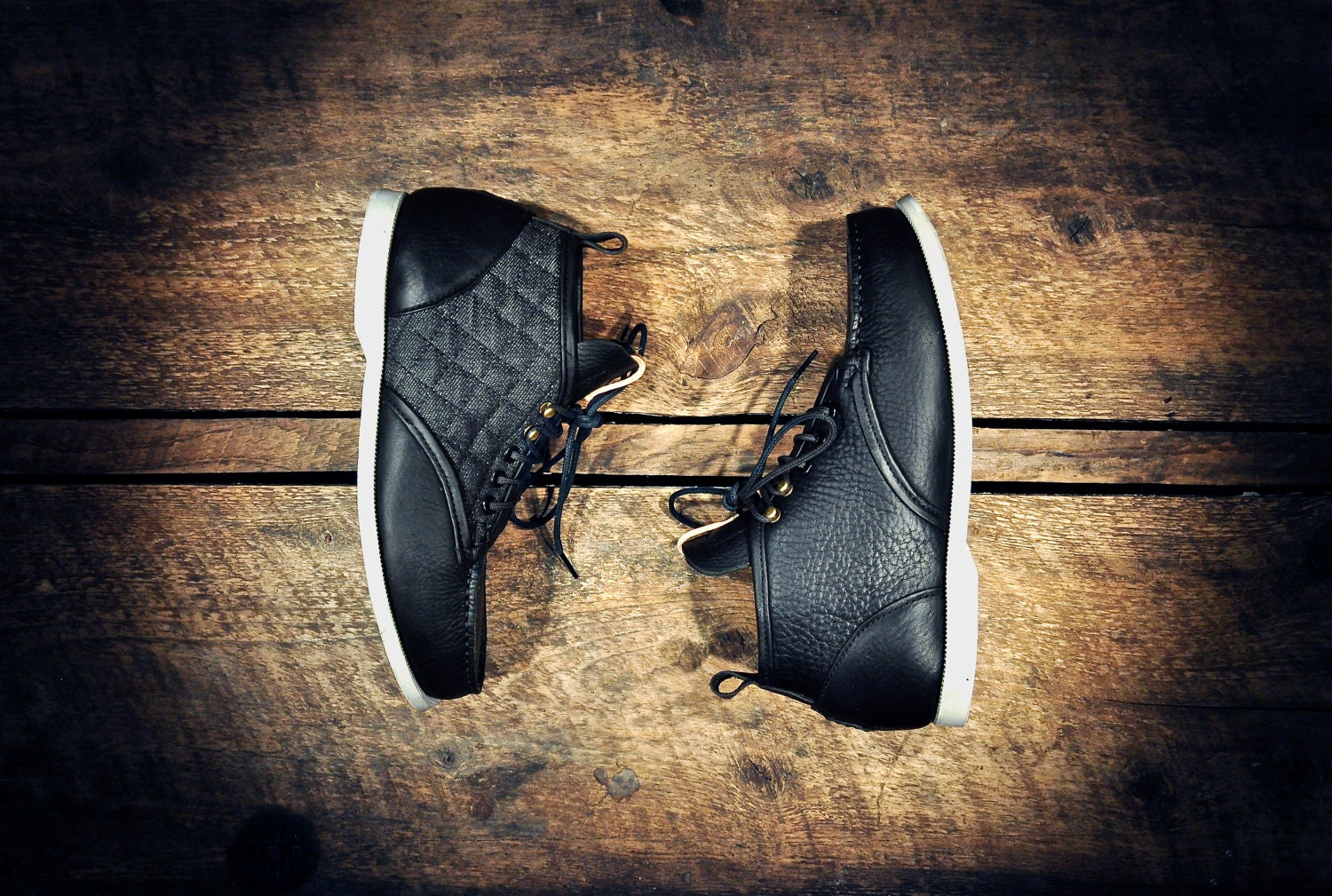 Handcrafted MIDTOPS - Pebbled Black Cowhide - Quilted Black Denim Side - MADE to ORDER