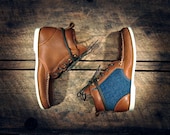 Handcrafted Leather HIGHTOPS - Grainy Tan BULLhide with Blue Jean Denim Details - Plush Tan Cuff - MADE to ORDER