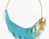 Feather Necklace- Leather Feather Jewelry -Turquoise Dipped in Gold