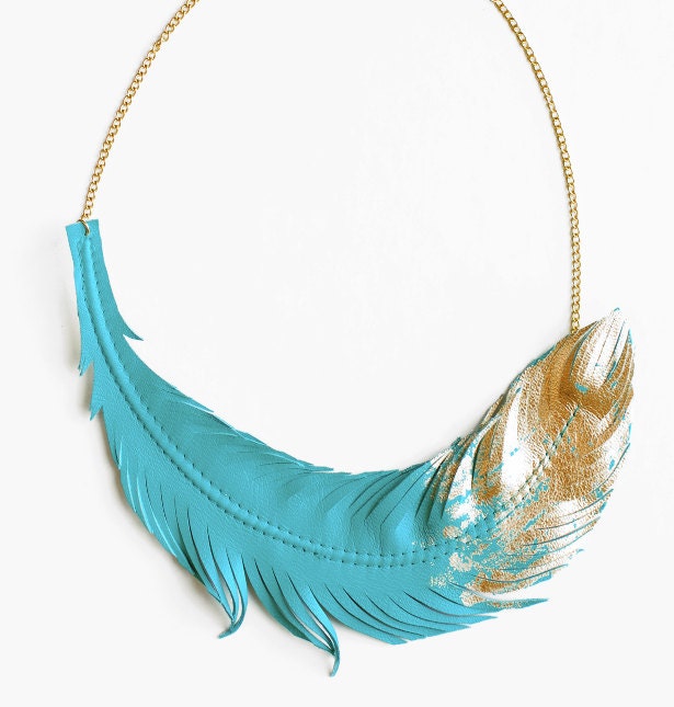 Feather Necklace- Leather Feather Jewelry -Turquoise Dipped in Gold