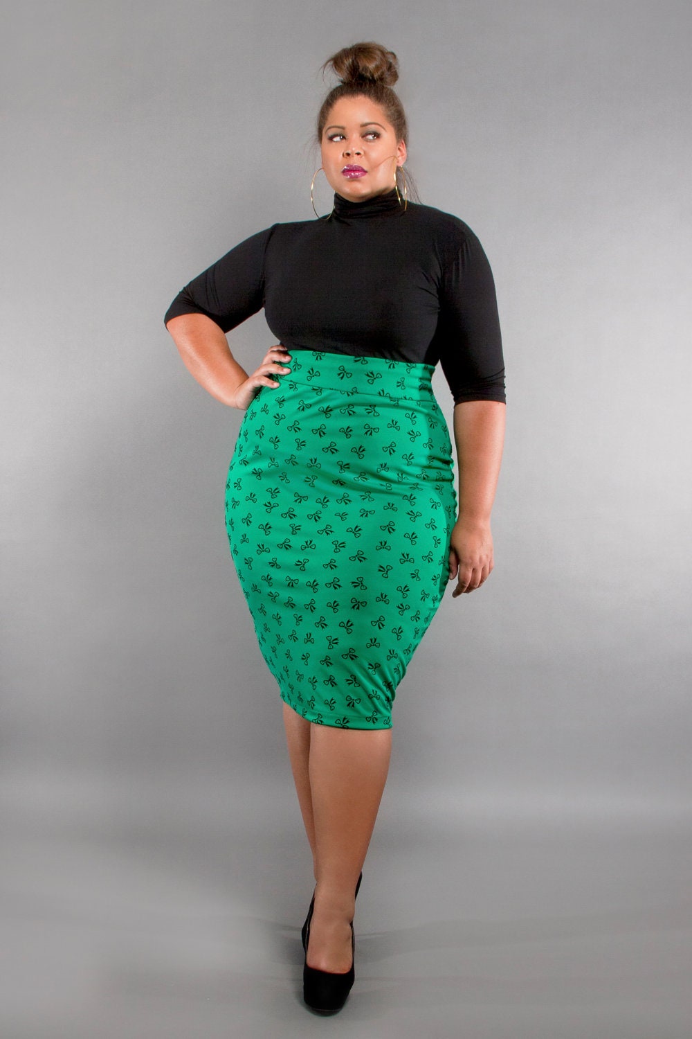 JIBRI Plus Size High Waist Pencil Skirt ( Bows)