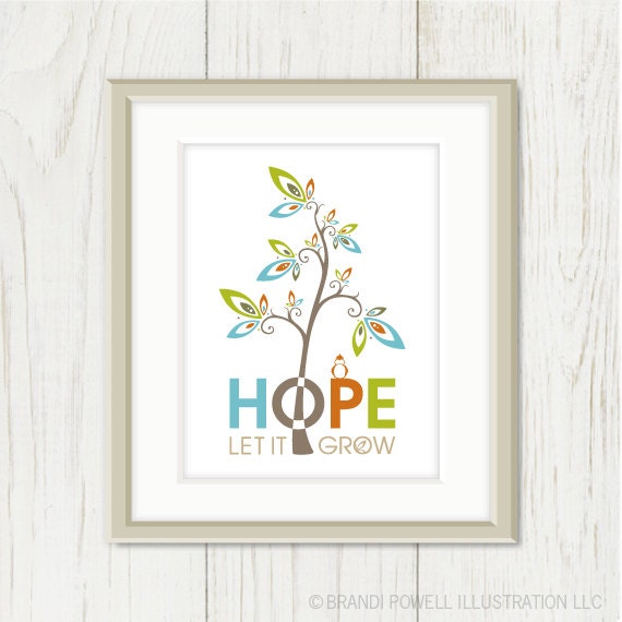 Bird in Tree. Hope Quote Saying. Colorful Spring Art Print. Chartreuse Green, Aqua Blue, Rust Orange, 8 x 10