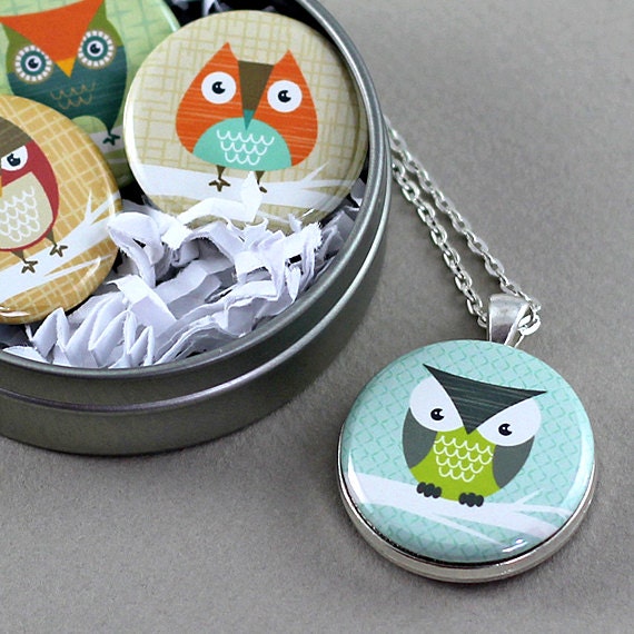 Owl Magnet Necklace Interchangeable: Owl Pendant Necklace - Autumn, Tree Branch, Silver Pendant, Owl Illustration