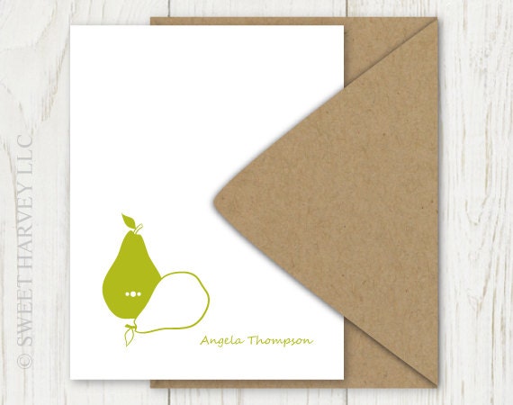Pear Personalized Stationery - Pear Stationary Set, Custom Flat Note Cards - Fresh Fruit, Spring Green - Choice of Color (Set of 10)