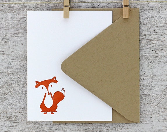 Fox Letterpress Note Card Set: Sitting Fox, Burnt Orange, Autumn, Fall (Set of 10)