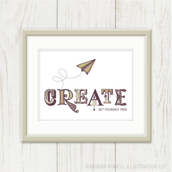 Create: Set Yourself Free - Inspirational Print, Typography Art Print - Paper Airplane, Tan, Taupe, Beige, Khaki, Green, Purple, 8 x 10