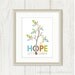 Bird in Tree. Hope Quote Saying. Colorful Spring Art Print. Chartreuse Green, Aqua Blue, Rust Orange, 8 x 10