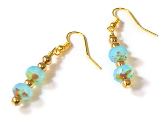 Blue Green Czech Glass & Gold Hematite Beaded Earrings, Beaded Jewelry, Handmade Earrings, Good Health Jewelry