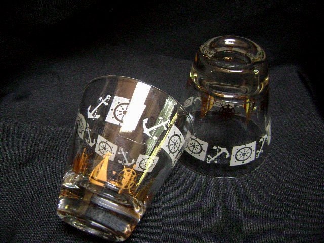 Two Vintage Nautical Drinking Glasses, Cocktails, Orange Juice Whiskey, Barware, 60s retro, Mid Century, Anchors Away Sailboat
