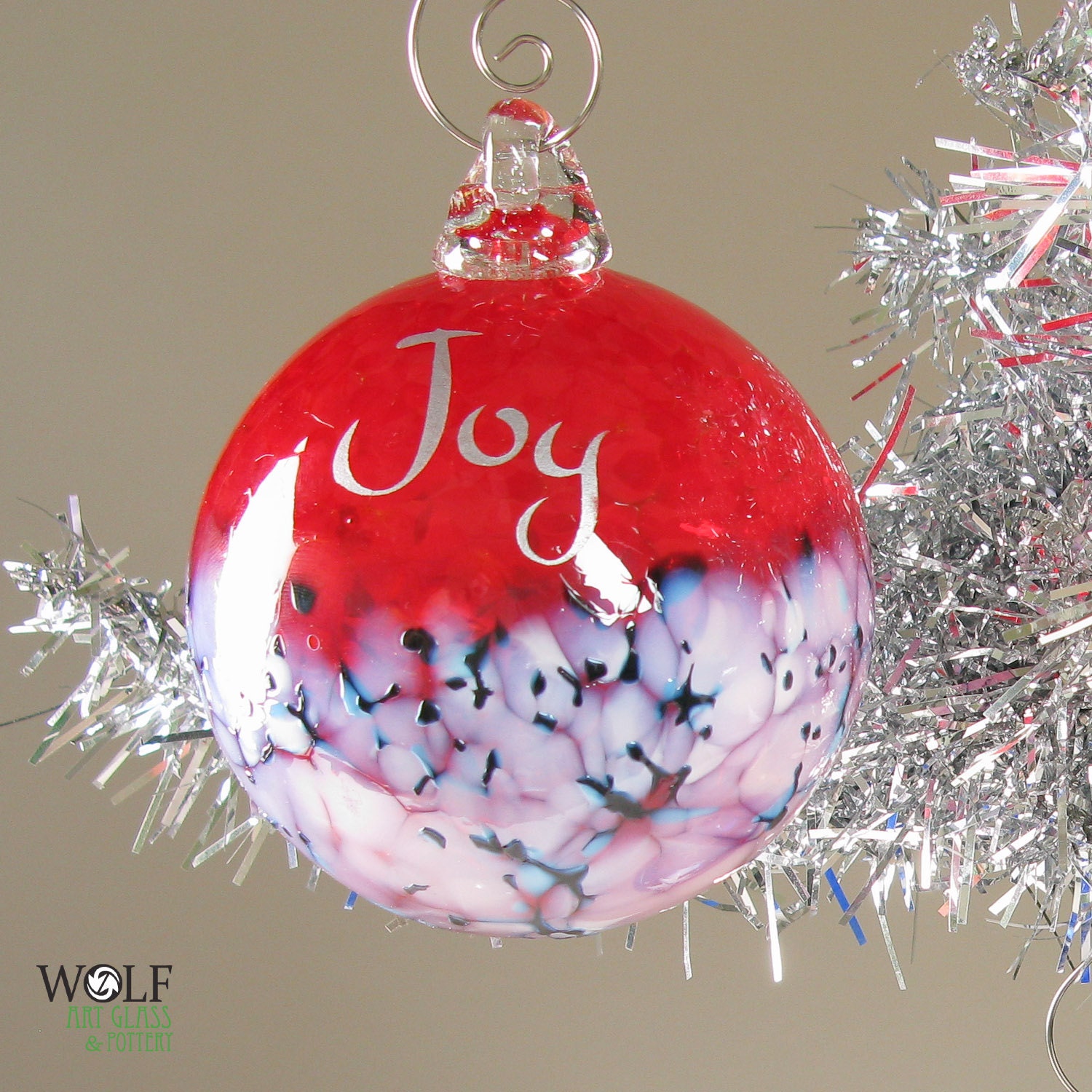 Blown Glass Christmas Tree Ornament Bright Red Blossom Retro Joy Silver Etch