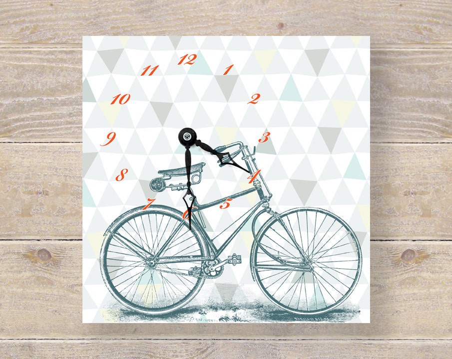Vintage Bike Art Clock - Bicycle Decor - Unique Wall Clock - Wood Clock - Office Decor - Geometric Triangles Pattern