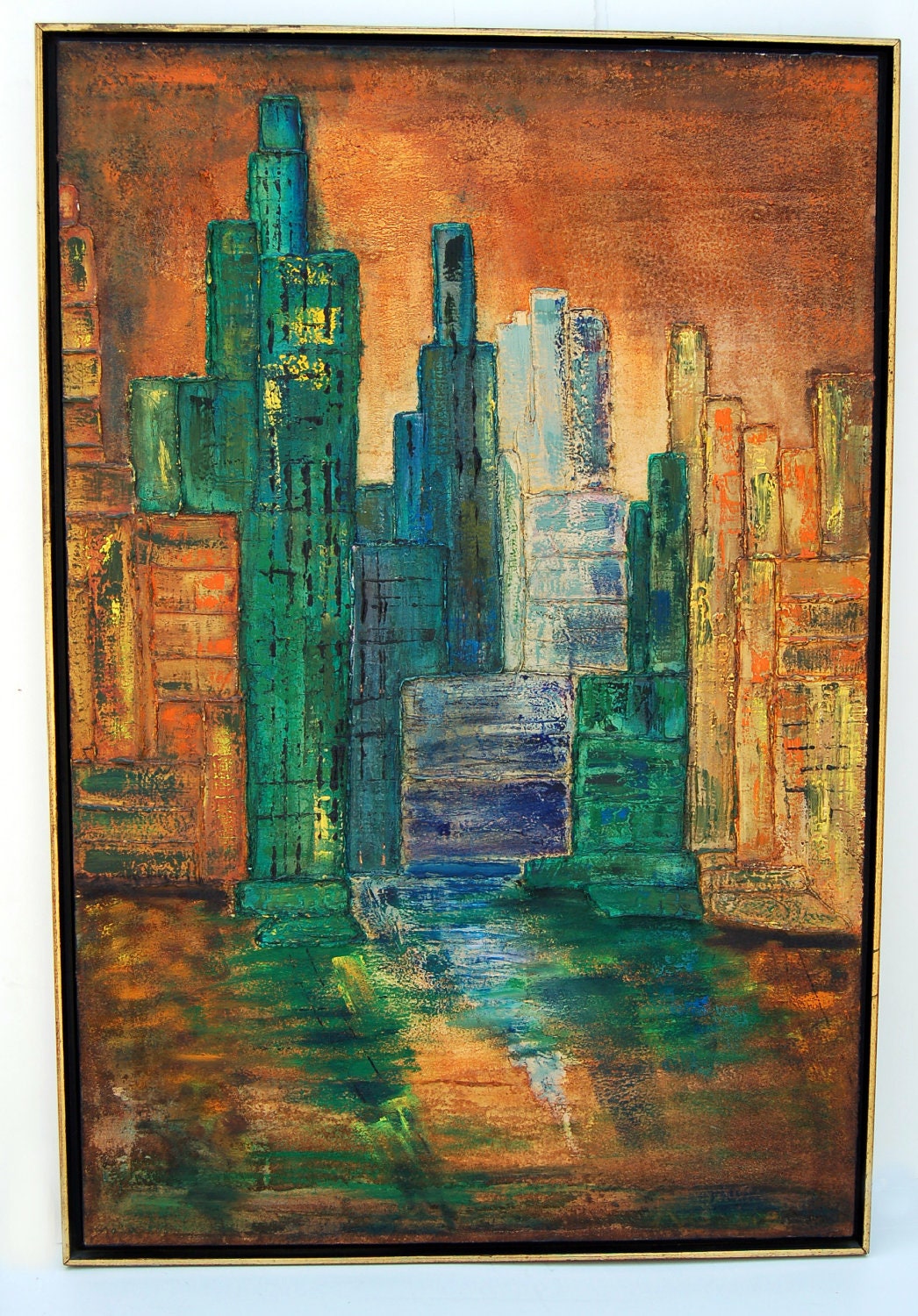 Original Mid Century Cityscape Oil Painting On Canvas