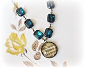 Romeo Necklace, Vintage Text, Zircon Blue Vintage Glass Jewels Shakespeare Romeo and Juliet