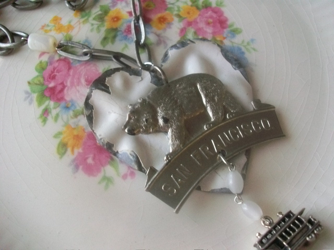 I Love San Francisco - Vintage San Francisco Souvenir Medal And Tin Heart Assemblage Necklace, Cowgirl Chic, Boho Gypsy Chic