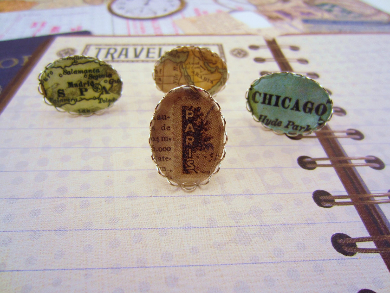 Silver adjustable geography ring. Map locales. Chicago, Arabia, Nile River, Paris, Madrid, Spain. Map jewelry. One of a kind gift.