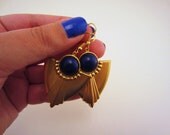 Large brass earrings. Cobalt blue cabochon. Jewel tones. Metal plate earrings. Art deco jewelry. Vintage cabs.
