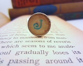 Initial ring. Hand stamped initial. Silver toned adjustable ring. Pale polka dot background. Fun custom best friend gift.