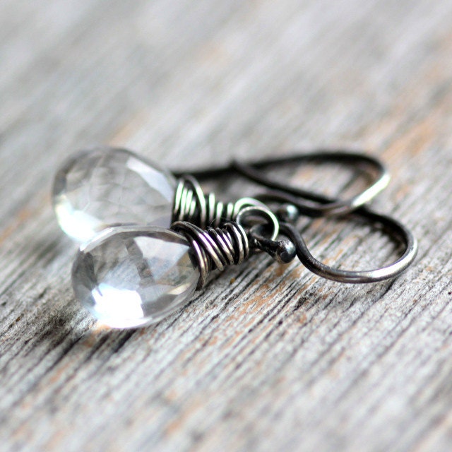 April Birthstone Diamond Quartz Earrings on Oxidized and Polished Sterling Silver - Looking Glass - Summer Fashion Dangle Earrings