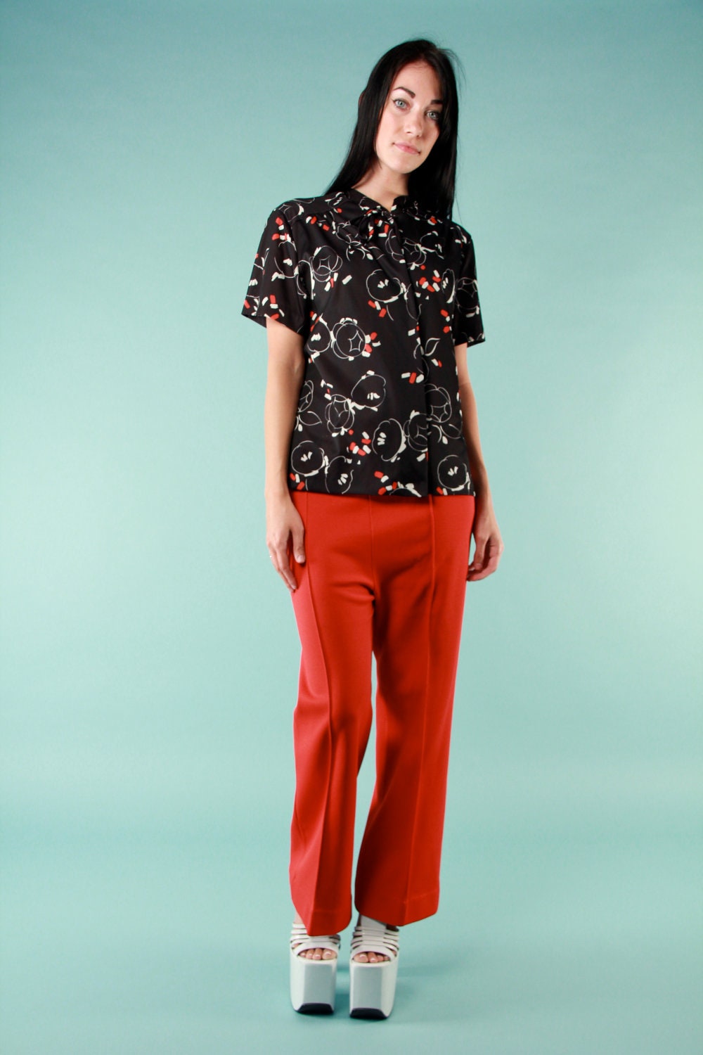 Vintage 1970s Geometric Art Deco Blouse Top w/ Mandarin Collar and Tie Front Black Red and White