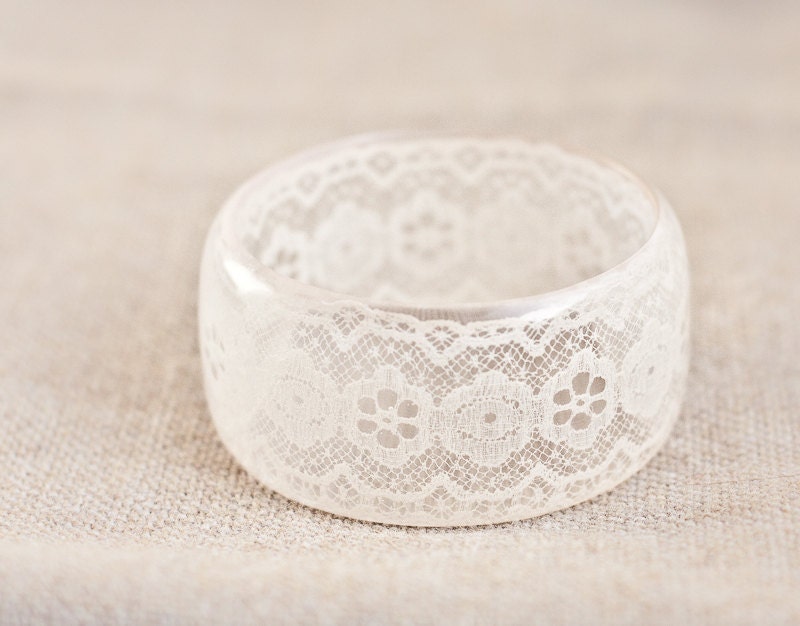 Resin Bangle Bracelet Vintage French Lace Cream Ivory White Champagne Wide Cuff OOAK neutral pastel wedding bridal jewelry rusteam