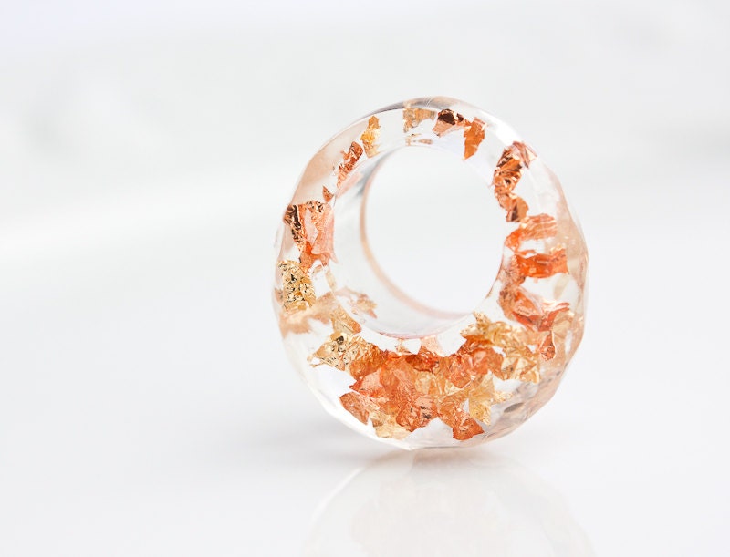 Resin Ring Yellow Pink Gold Flakes Multifaceted  Oval Shape Cocktail Ring OOAK geometric boho minimalist jewelry rusteam