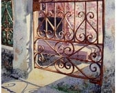 Gate Art Painting Print Landscape Watercolor - Home Decor, Office Decor - Men Women - Old Rusty Iron - Lace Gate - Door - Travel Art