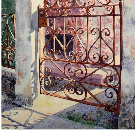Gate Art Painting Print Landscape Watercolor - Home Decor, Office Decor - Men Women - Old Rusty Iron - Lace Gate - Door - Travel Art