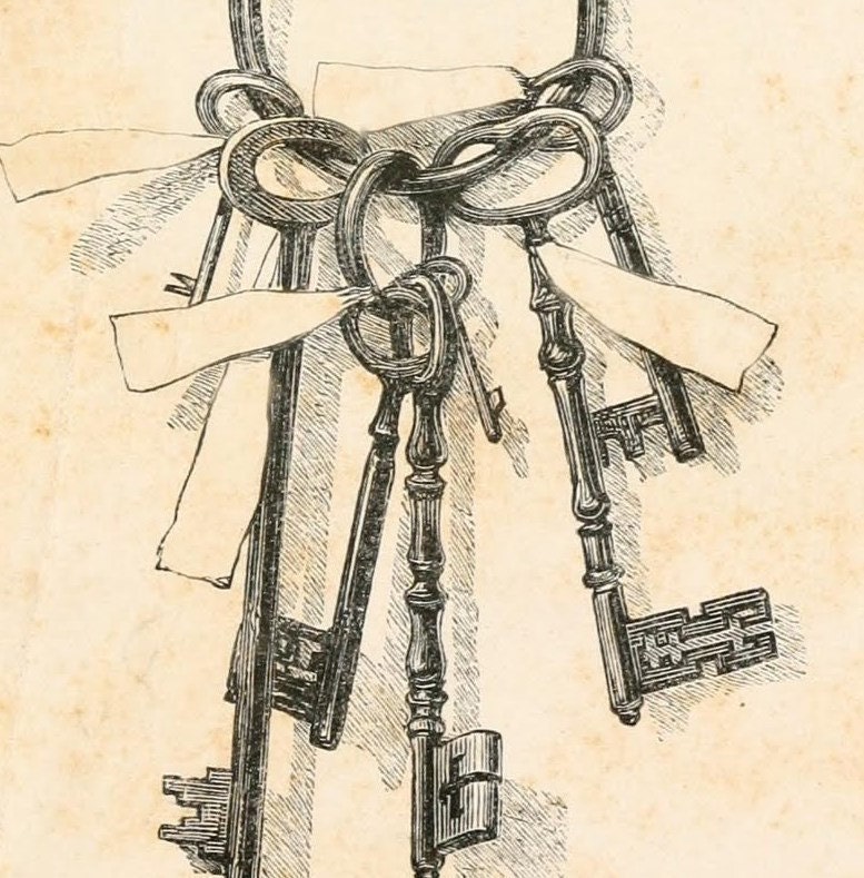 Vintage Keys Print "Skeleton Keys" Antique Steampunk Print - Victorian Engraving Sepia Black and White - Fairy Tale Illustration