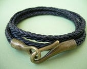 Unisex Mens Womens - Triple Wrap - Premium Leather Bracelet - Natural Black -  Antique Bronze Hook Closure Clasp