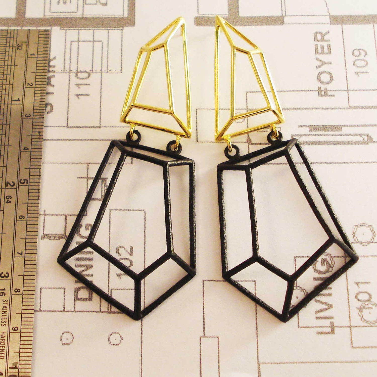 Architectural Structure Geometric Black & Gold Earrings